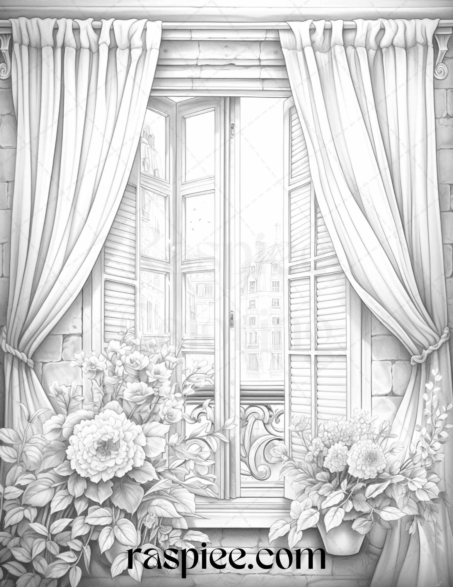 50 Blooming Windows Grayscale Coloring Pages Printable for Adults, PDF File Instant Download