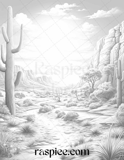 40 Desert Landscapes Grayscale Coloring Pages Printable for Adults, PDF File Instant Download