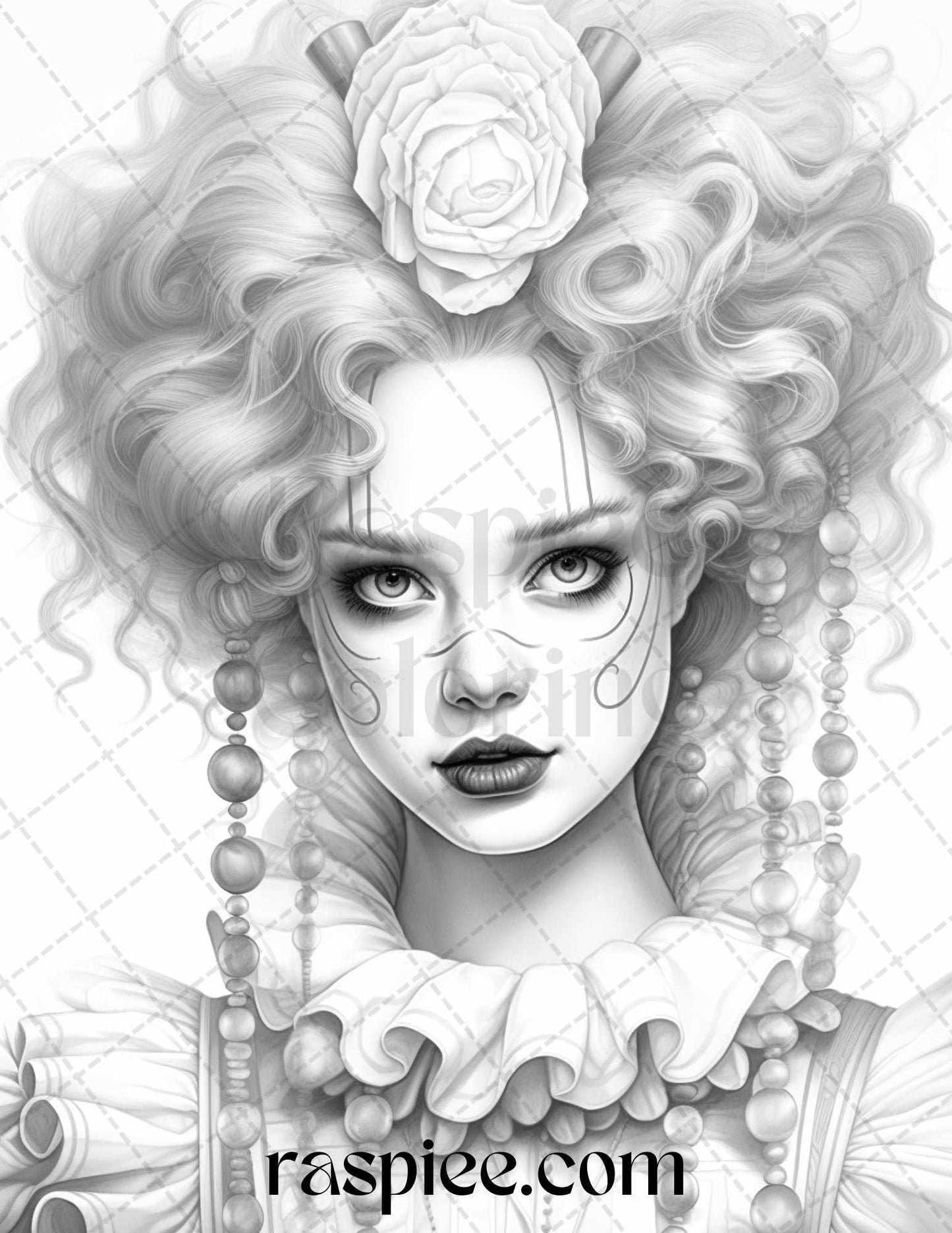 42 Beautiful Clown Girls Grayscale Coloring Pages Printable for Adults, PDF File Instant Download