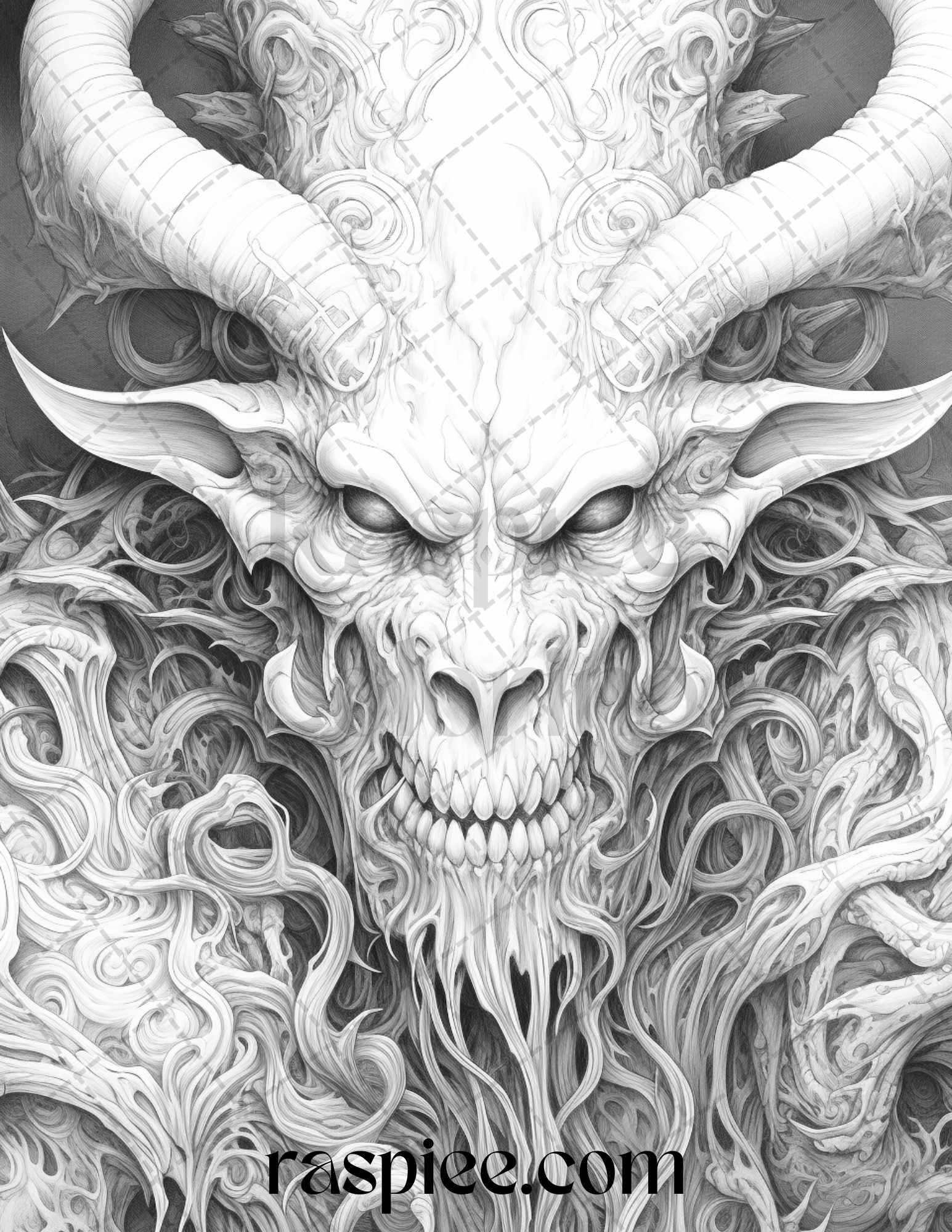 43 Fantasy Demons Grayscale Coloring Pages for Adults, Printable PDF File Instant Download