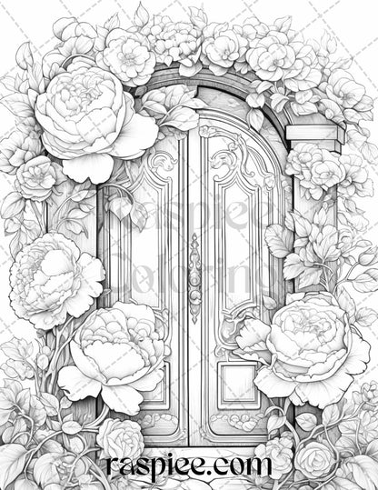 40 Flower Fairy Doors Grayscale Coloring Pages Printable for Adults, PDF File Instant Download