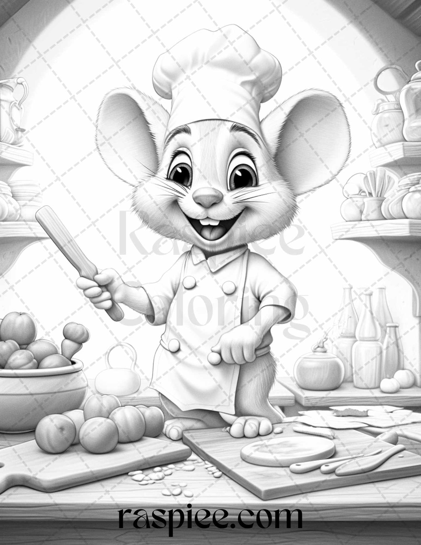 45 Mouse Chef Grayscale Coloring Pages Printable for Adults, PDF File Instant Download