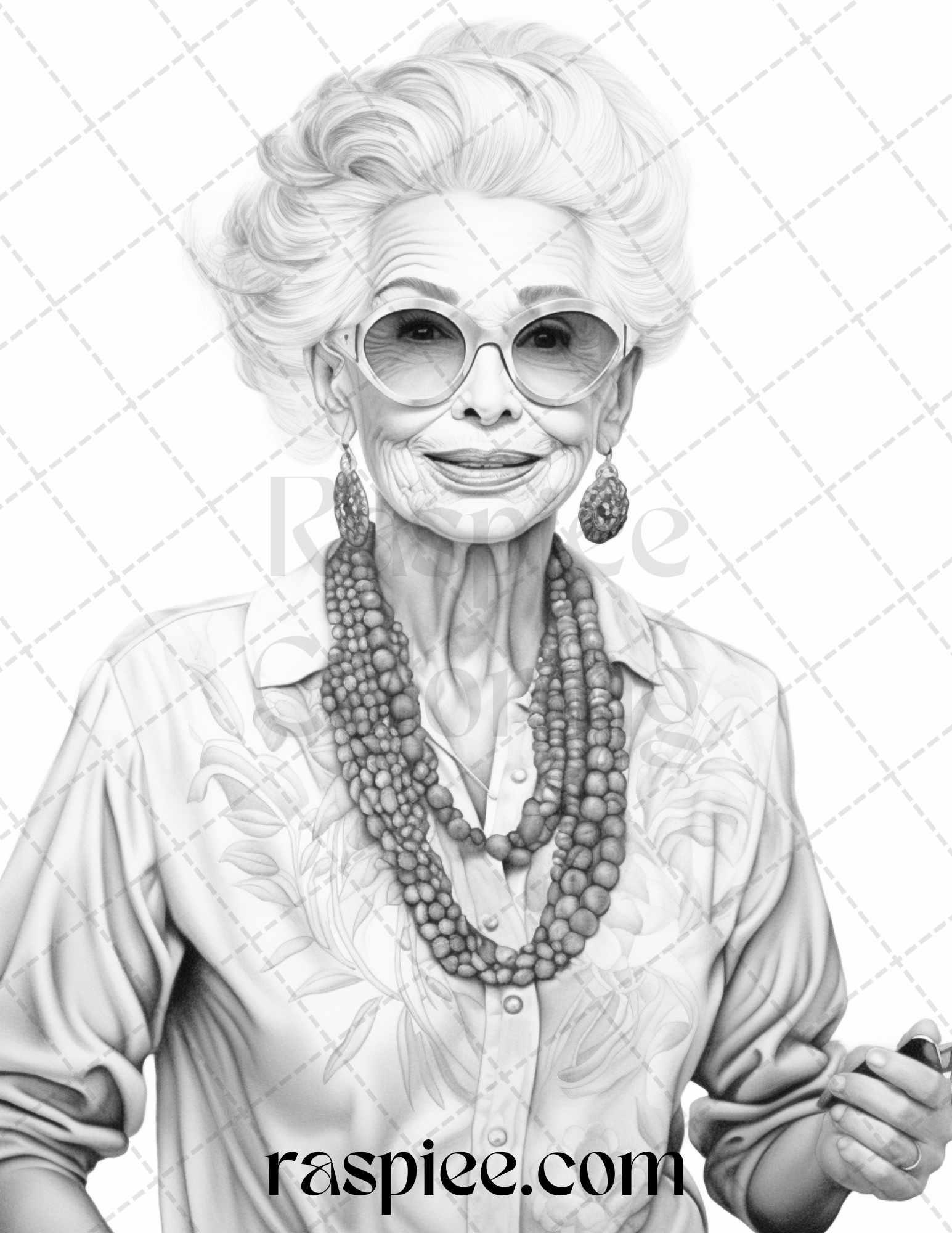 40 Fashionista Grandma Grayscale Coloring Pages Printable for Adults, PDF File Instant Download