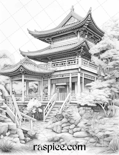 40 Traditional Chinese Houses Grayscale Coloring Pages Printable for Adults, PDF File Instant Download