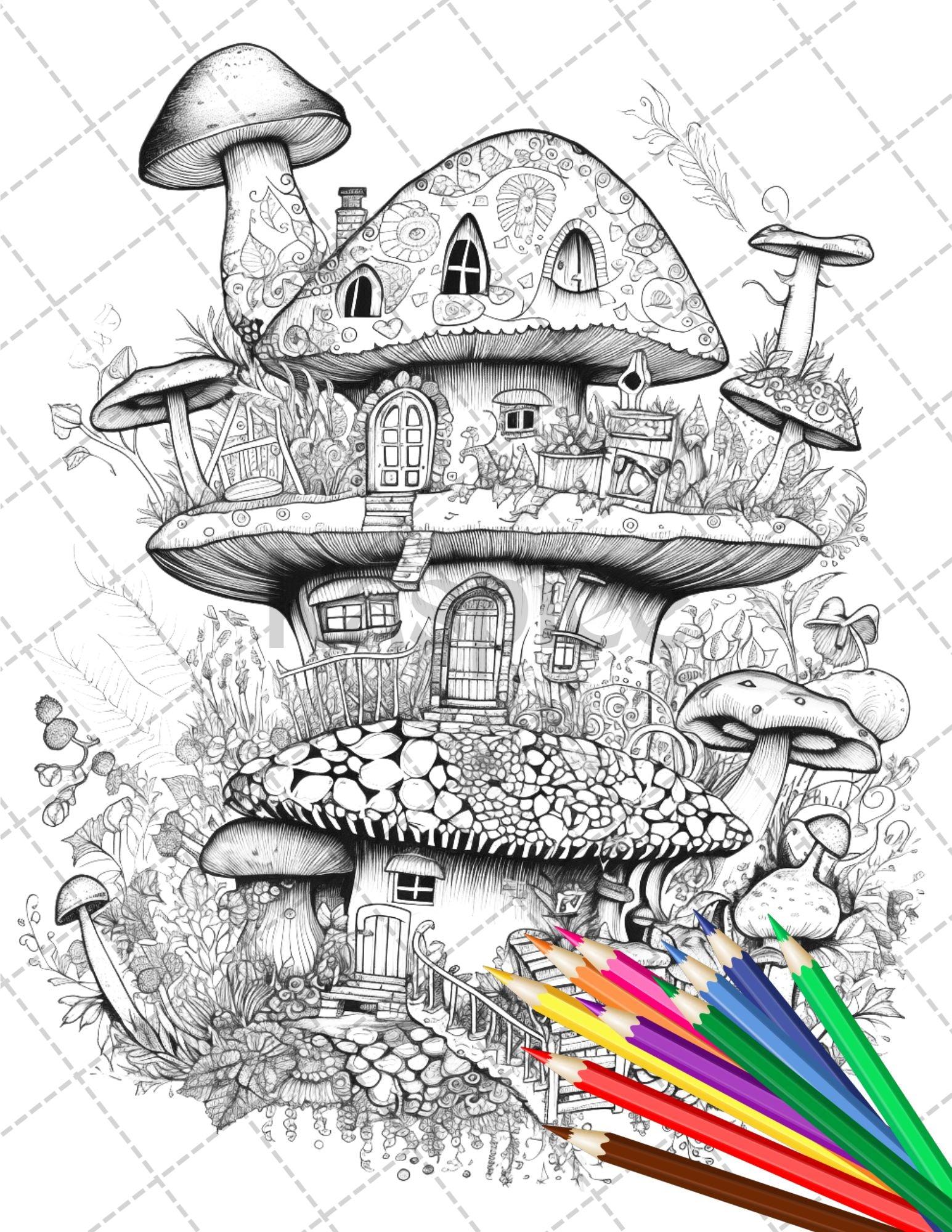 32 Whimsical Mushroom House Coloring Pages for Adults, Grayscale Coloring Book, Printable PDF File Download