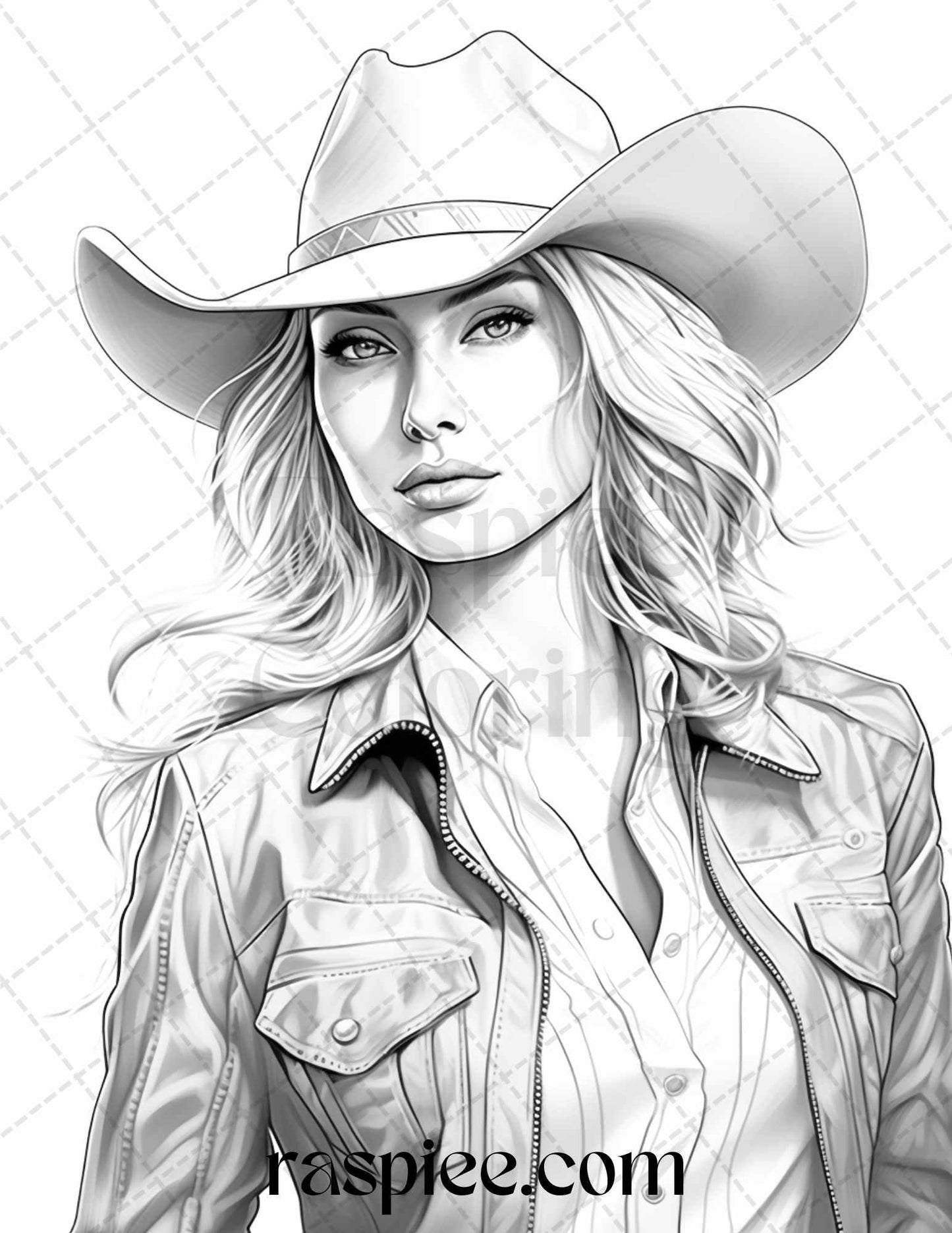 40 Beautiful Cowgirls Grayscale Coloring Pages Printable for Adults, PDF File Instant Download