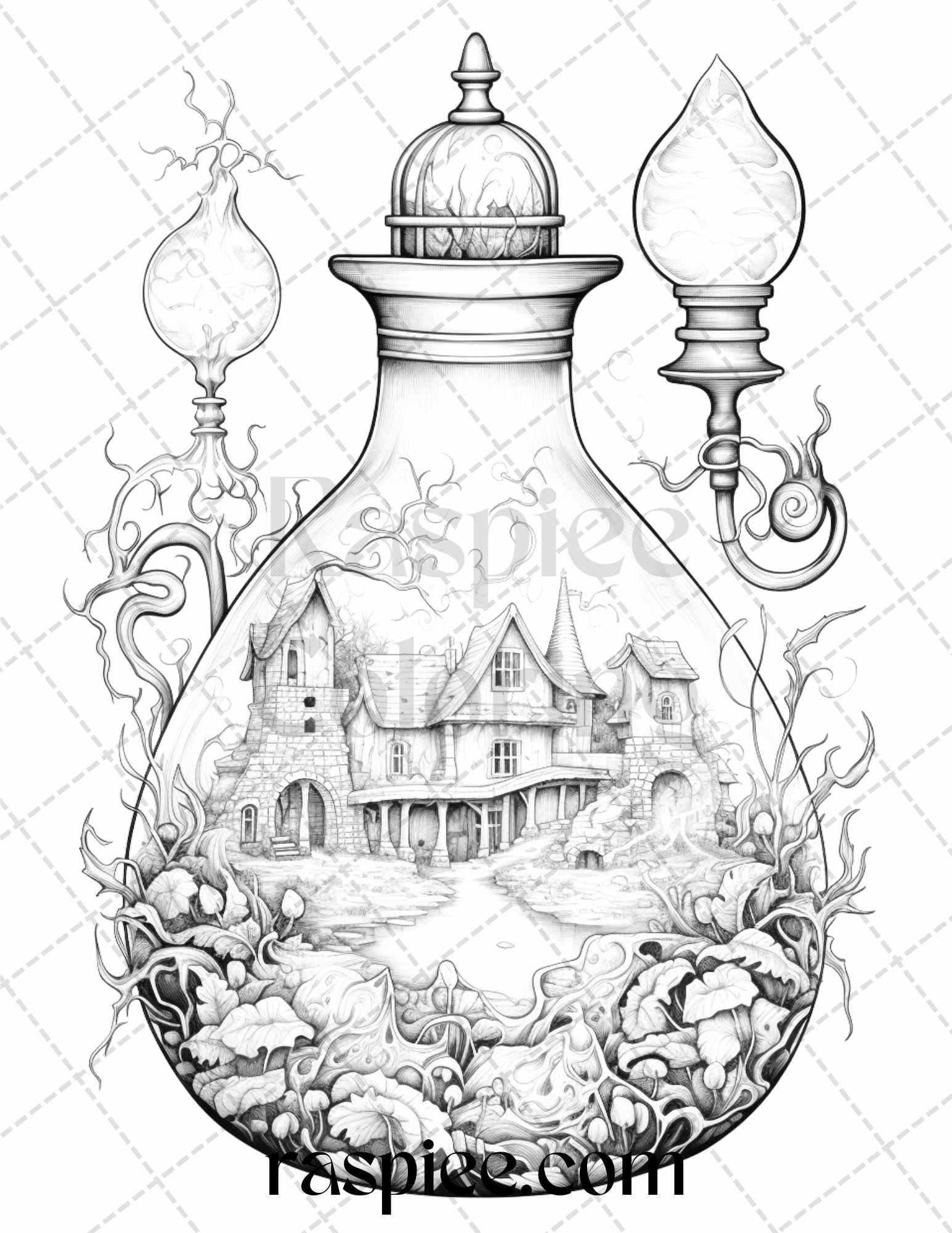 40 Mystical Magic Potions Grayscale Coloring Pages Printable for Adults, PDF File Instant Download