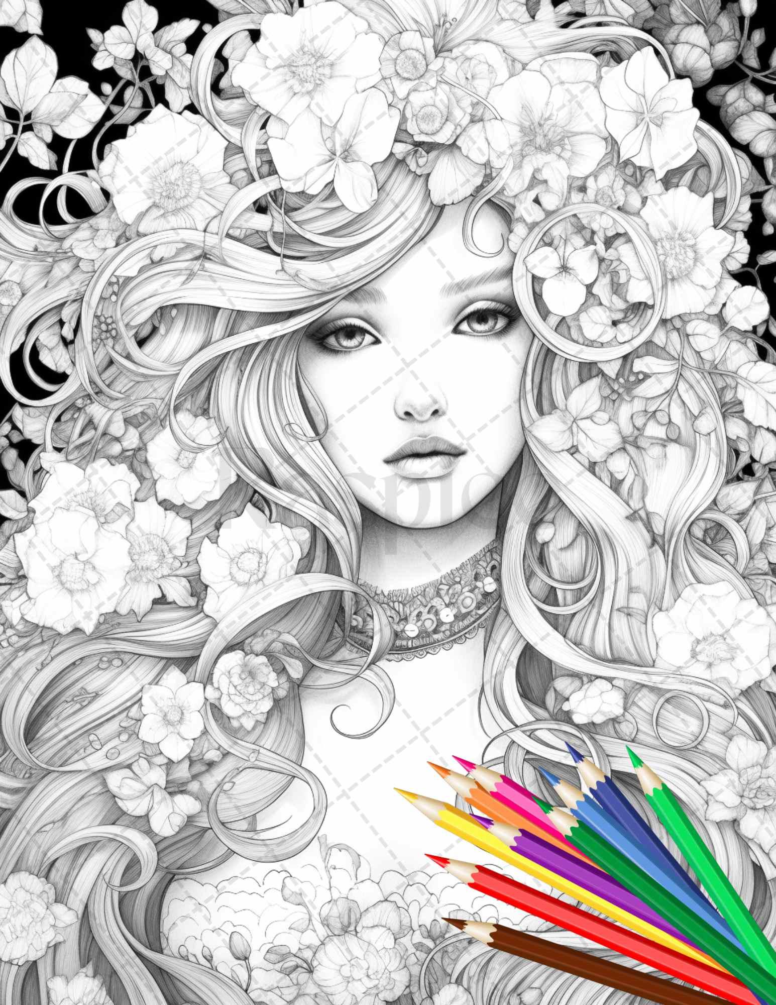 38 Flower Goddess Coloring Pages Printable for Adults, Grayscale Coloring Page, PDF File Instant Download