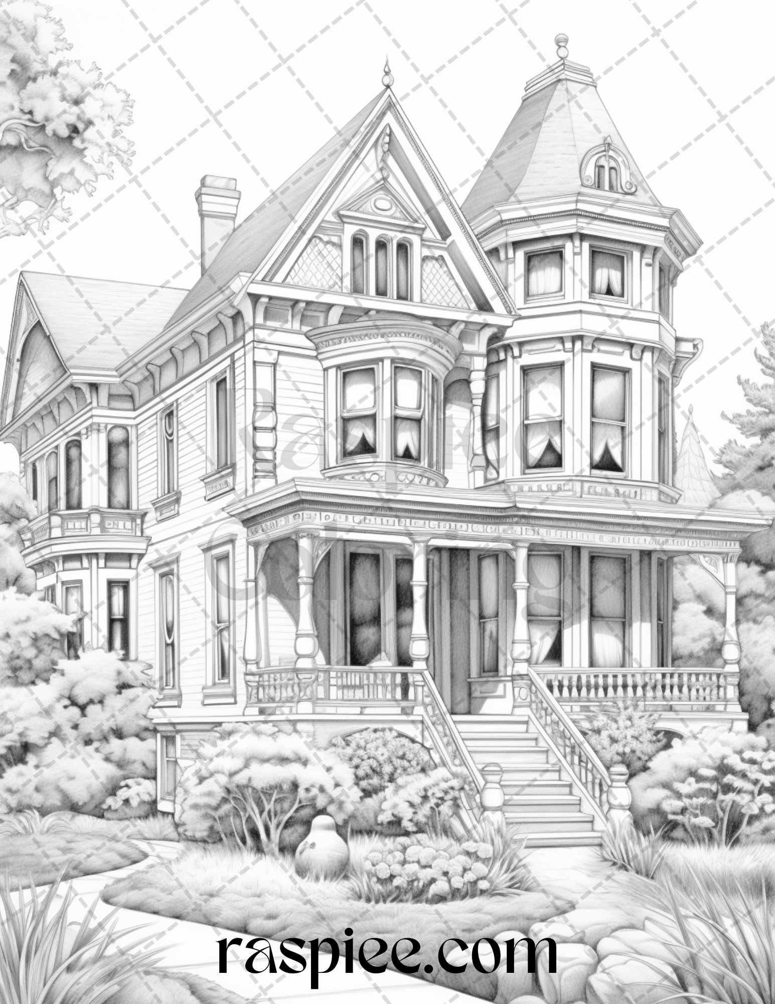 40 Victorian Houses Grayscale Coloring Pages Printable for Adults, PDF File Instant Download