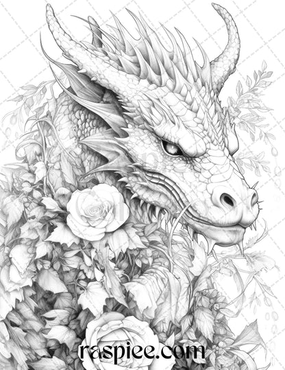 40 Flower Dragon Grayscale Coloring Pages Printable for Adults, PDF File Instant Download