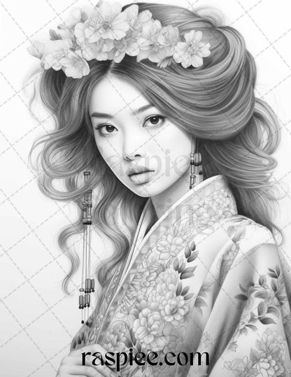 40 Beautiful Japanese Girls Grayscale Coloring Pages Printable for Adults, PDF File Instant Download