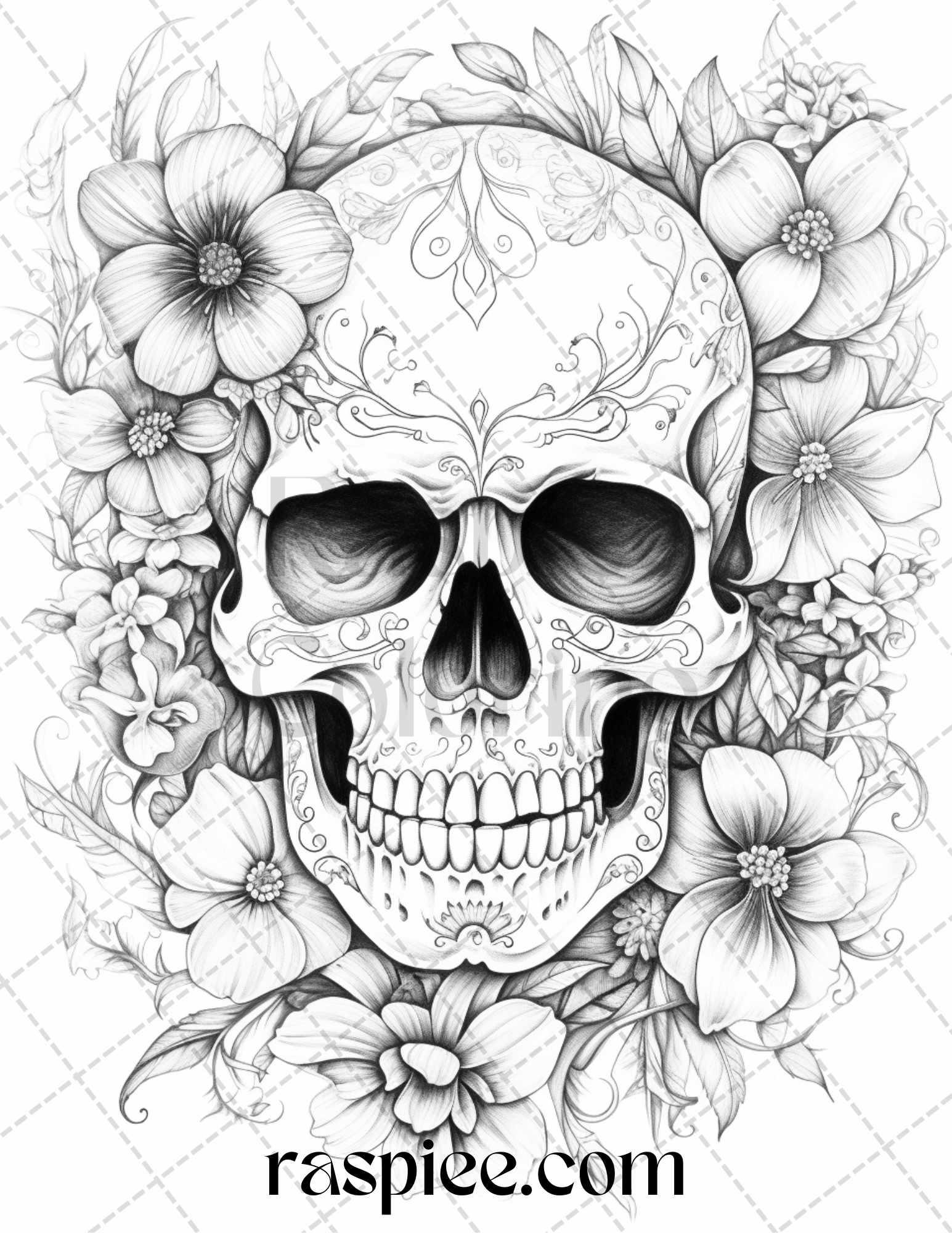 42 Floral Skull Grayscale Coloring Pages for Adults, Stress Relief Coloring Sheets, Printable PDF File Instant Download