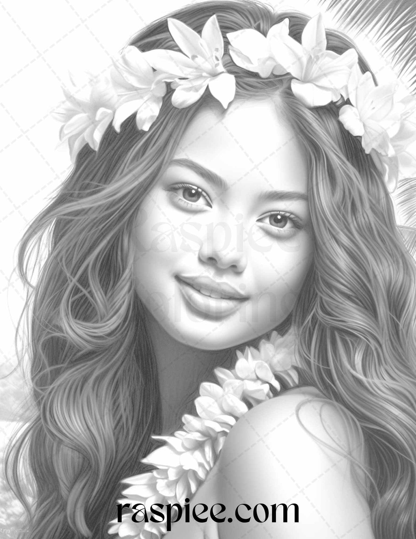 40 Hawaiian Girls Grayscale Coloring Pages Printable for Adults, PDF File Instant Download