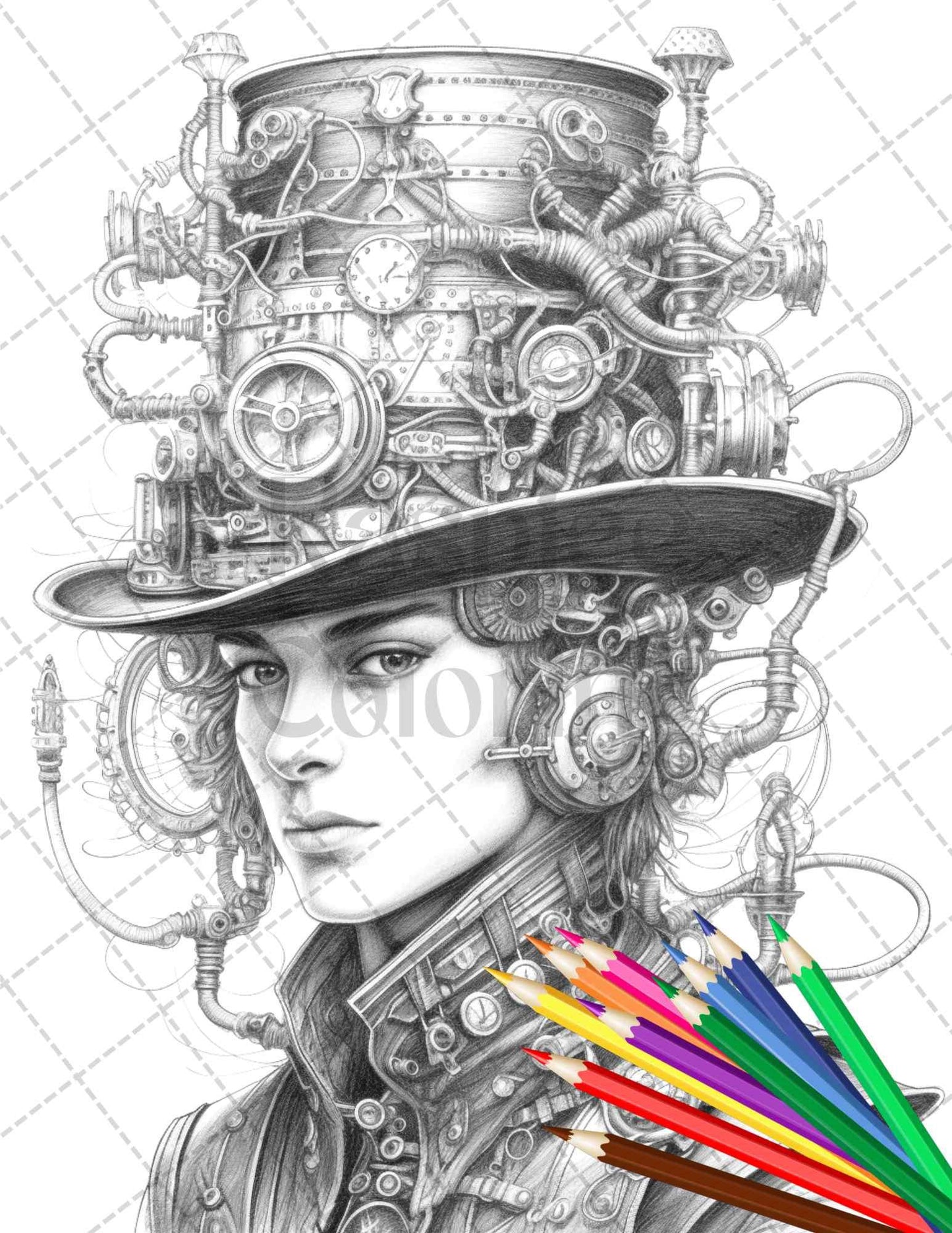 42 Steampunk Mens Grayscale Coloring Pages Printable for Adults, PDF File Instant Download