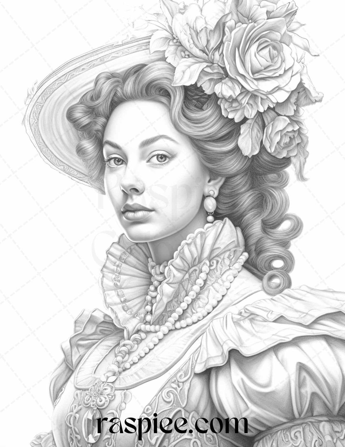 40 Baroque Women Portrait Grayscale Adult Coloring Pages Printable, PDF File Instant Download