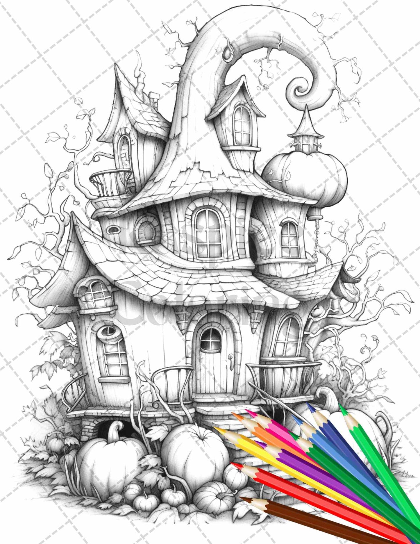 40 Pumpkin Fairy Houses Grayscale Coloring Pages Printable for Adults, PDF File Instant Download