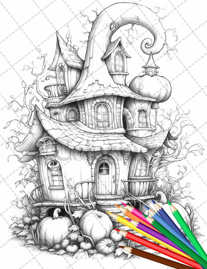 40 Pumpkin Fairy Houses Grayscale Coloring Pages Printable for Adults, PDF File Instant Download