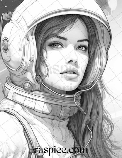 50 Astronaut Girl Portrait Grayscale Coloring Pages Printable for Adults, PDF File Instant Download