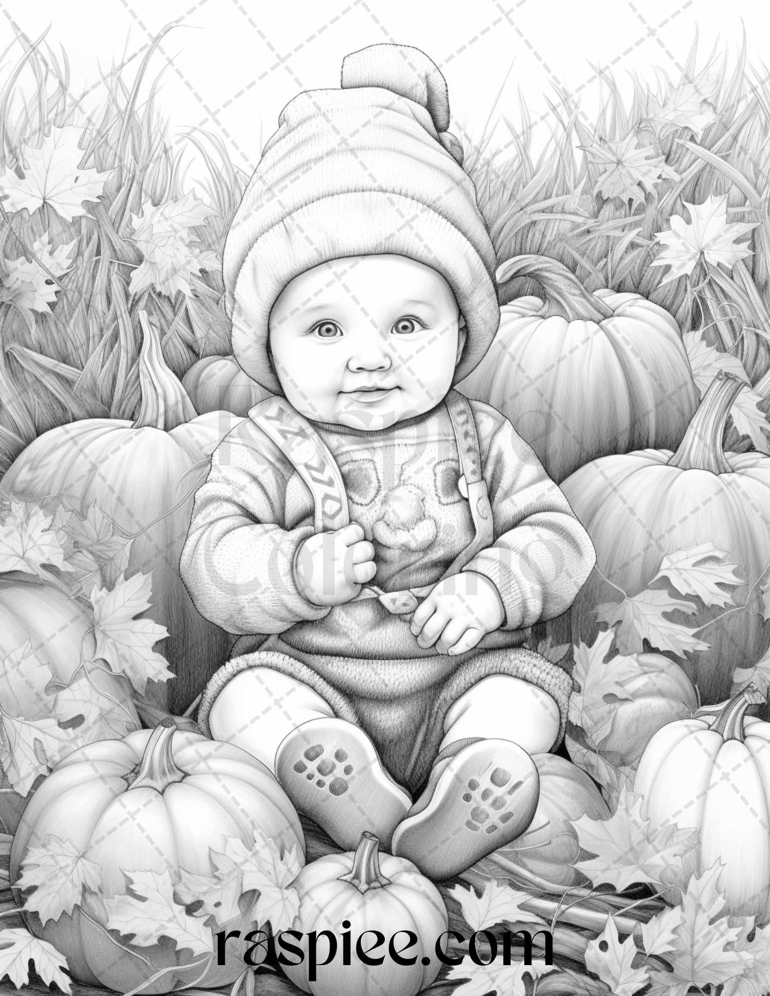 40 Pumpkin Babies Grayscale Coloring Pages for Adults and Kids, Printable PDF File Instant Download