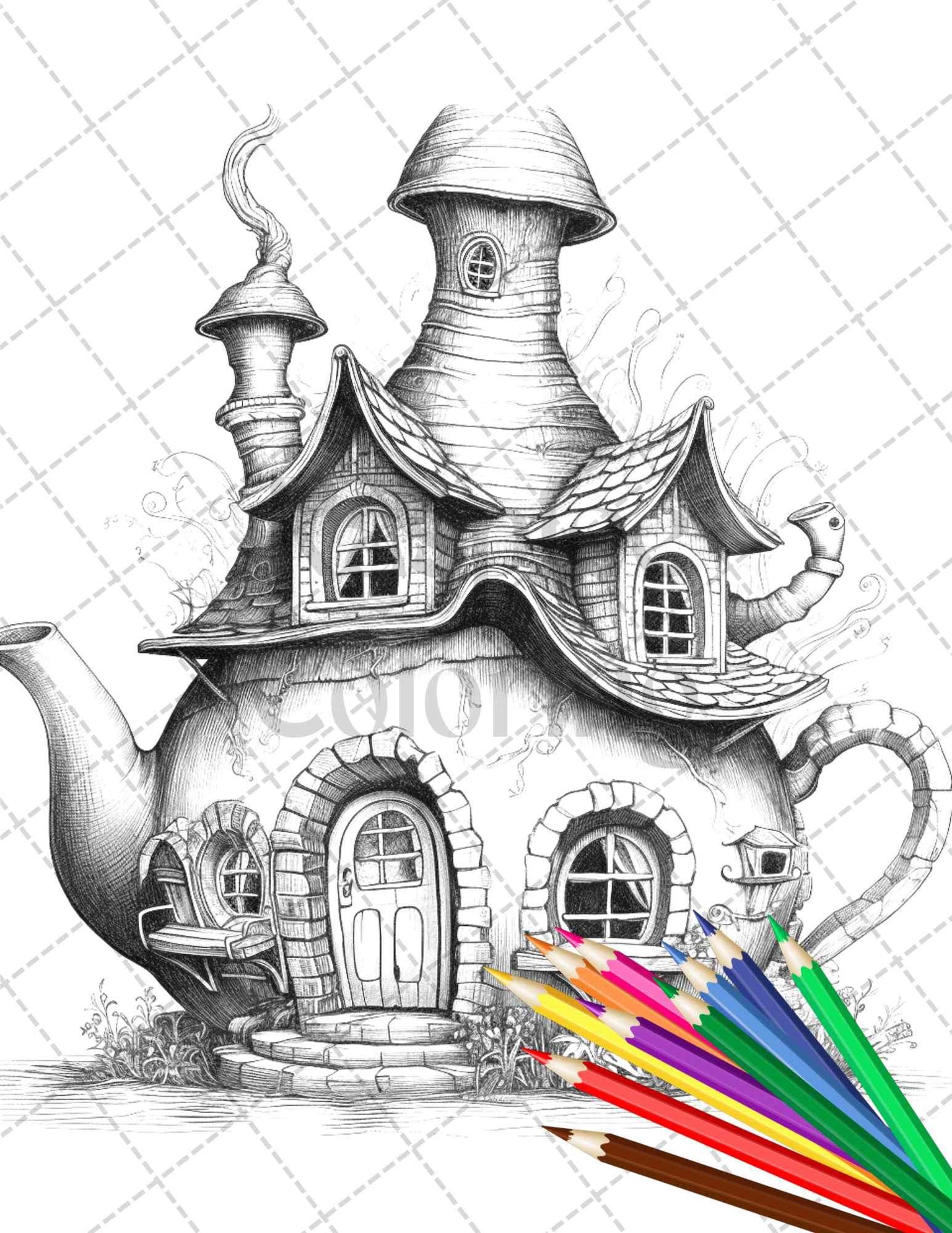 40 Teapot Fairy Houses Grayscale Coloring Pages Printable for Adults, PDF File Instant Download