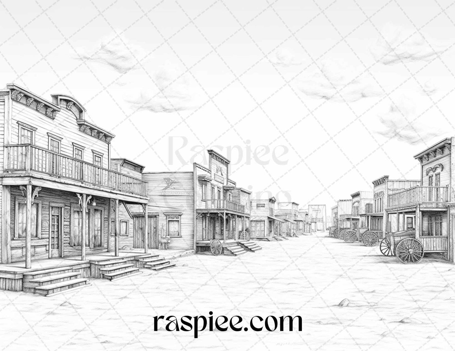 40 Wild West Towns Grayscale Coloring Pages Printable for Adults, PDF File Instant Download