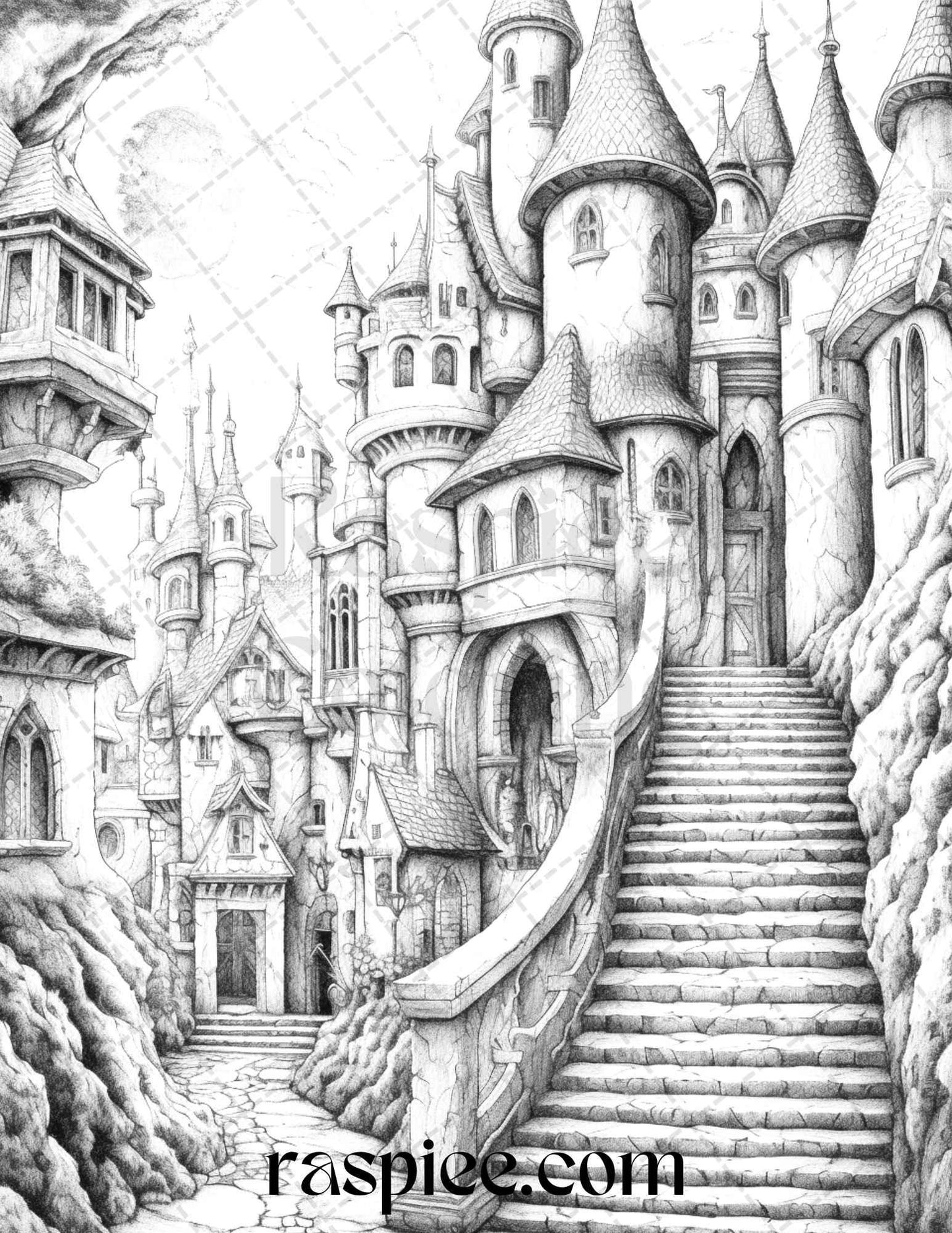 40 Fantasy Village Grayscale Coloring Pages Printable for Adults, PDF File Instant Download