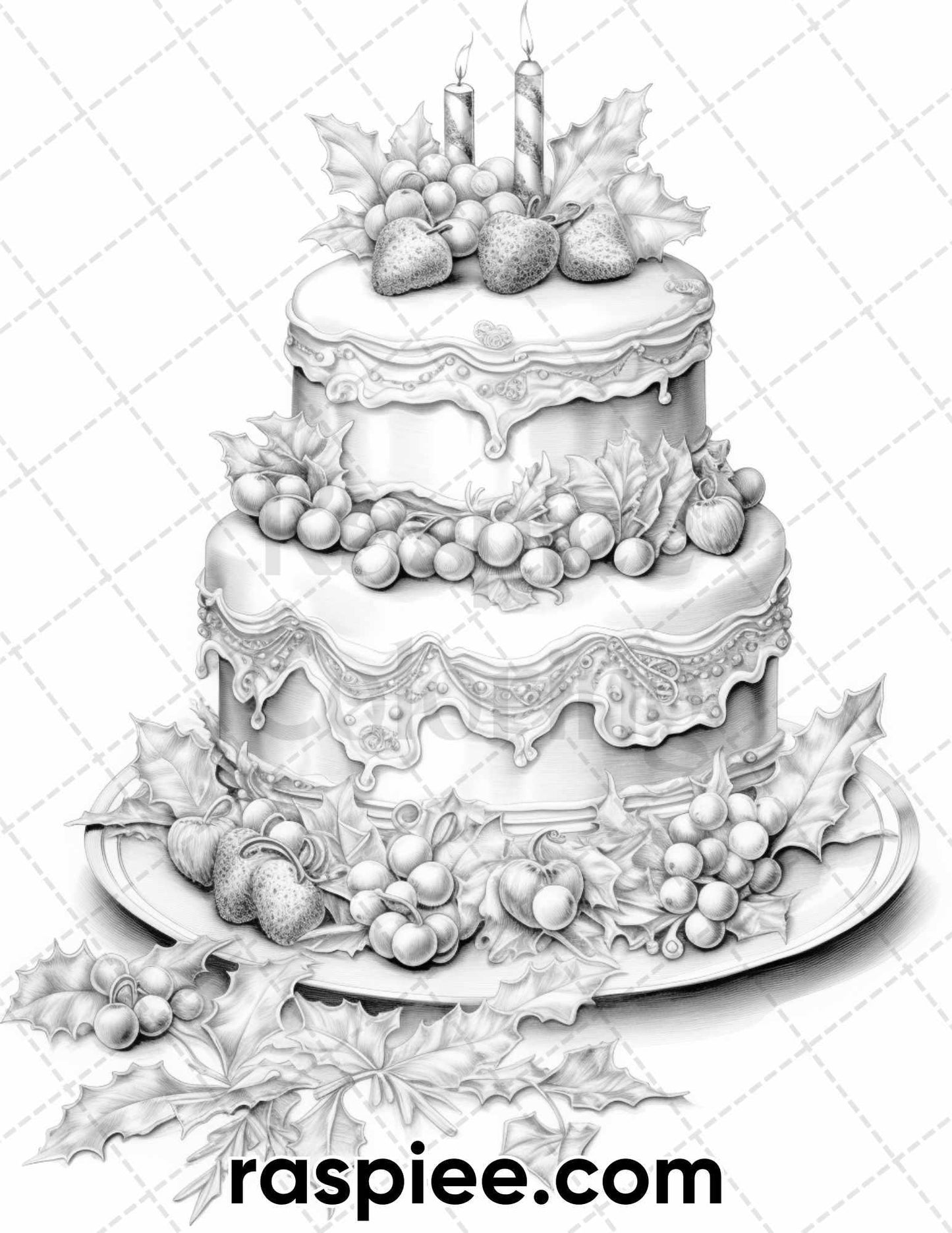 45 Christmas Cakes Grayscale Coloring Pages for Adults, Printable PDF File Instant Download