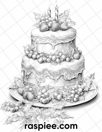 45 Christmas Cakes Grayscale Coloring Pages for Adults, Printable PDF File Instant Download