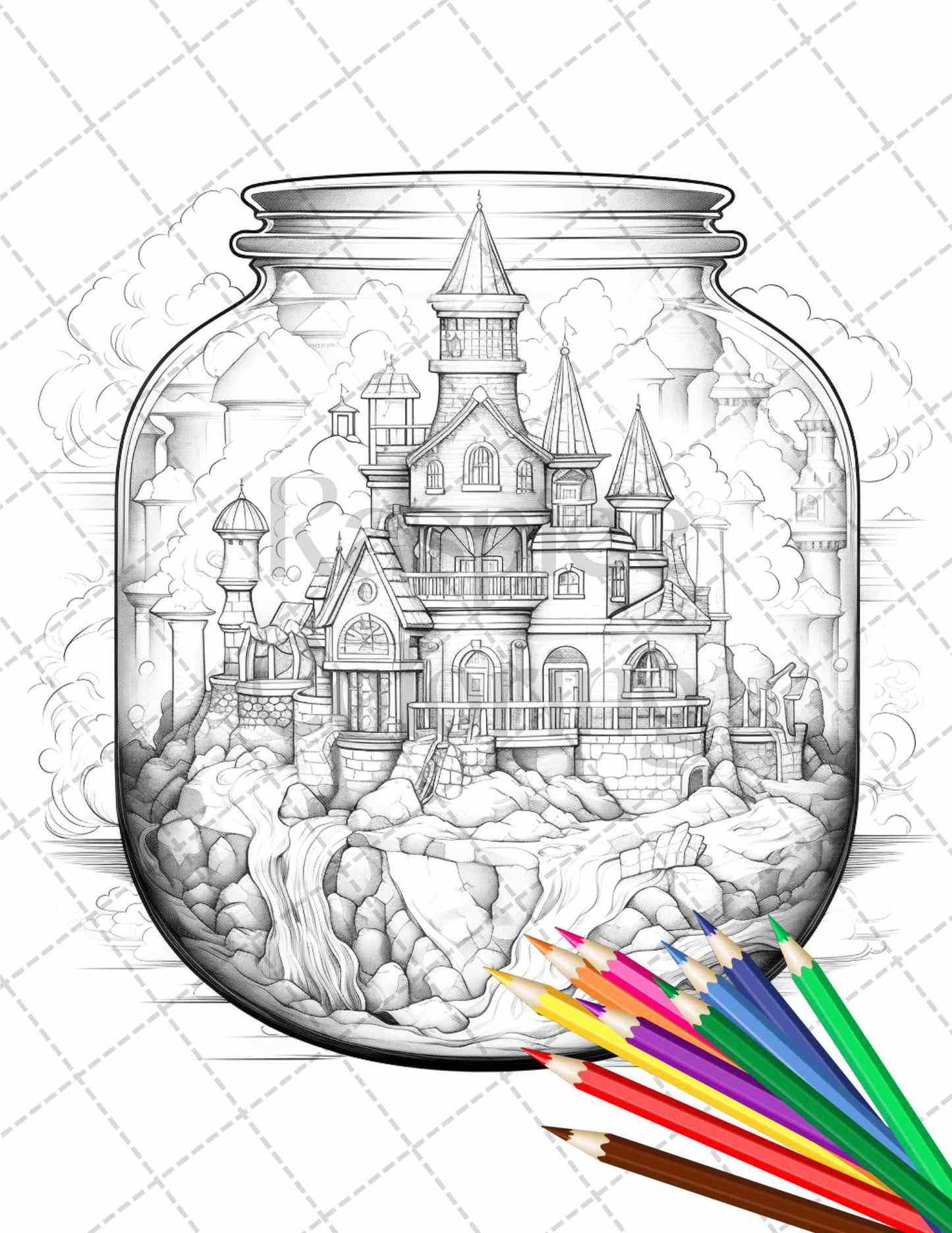 42 Fantasy Castle In Jar Grayscale Coloring Pages Printable for Adults, PDF File Instant Download