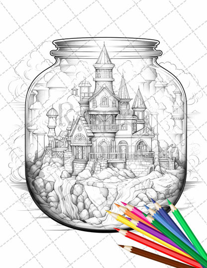 42 Fantasy Castle In Jar Grayscale Coloring Pages Printable for Adults, PDF File Instant Download