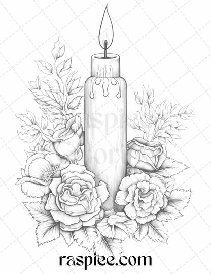 40 Flower Candles Grayscale Coloring Pages Printable for Adults, PDF File Instant Download