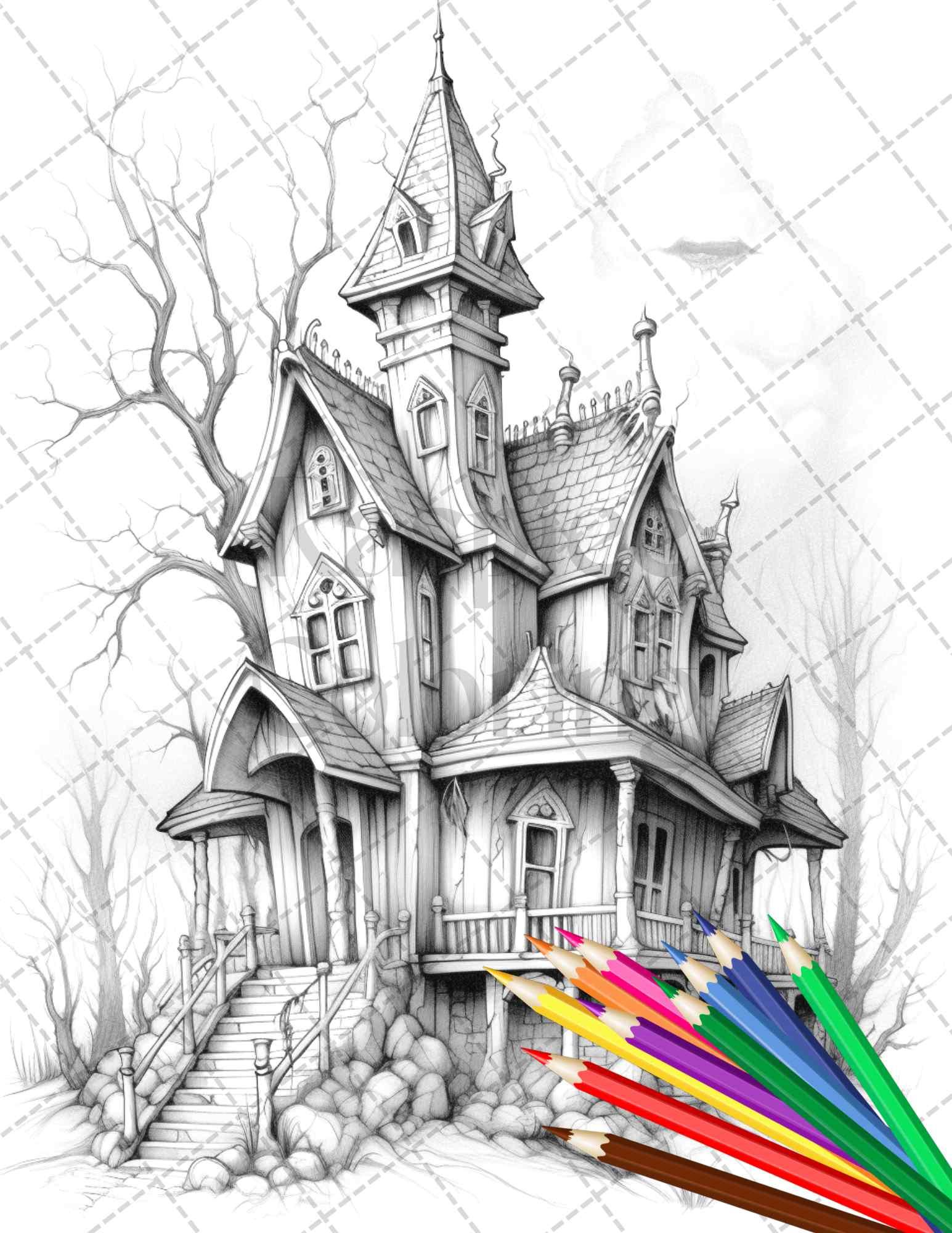 40 Creepy Gothic Houses Grayscale Coloring Pages Printable for Adults, PDF File Instant Download