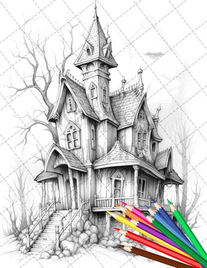 40 Creepy Gothic Houses Grayscale Coloring Pages Printable for Adults, PDF File Instant Download