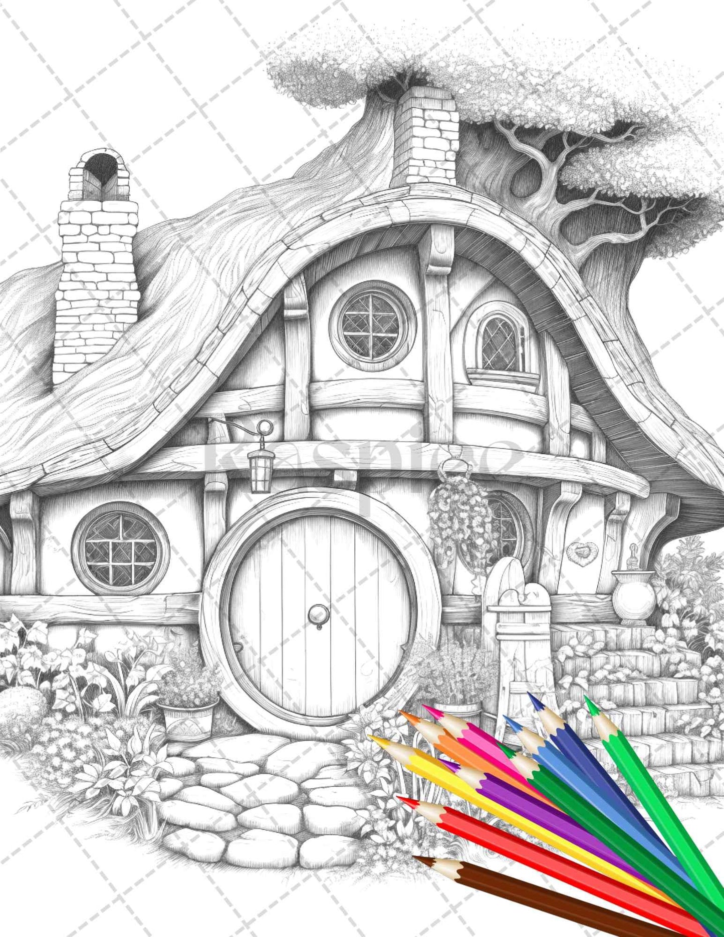 43 Enchanted Hobbiton Houses Grayscale Coloring Pages Printable for Adults, PDF File Instant Download