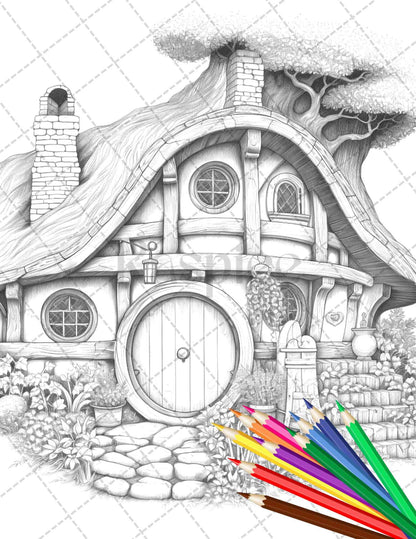 43 Enchanted Hobbiton Houses Grayscale Coloring Pages Printable for Adults, PDF File Instant Download