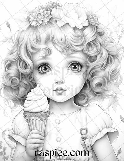 42 Adorable Girls with Ice Cream Grayscale Coloring Pages Printable for Adults Kids, PDF File Instant Download