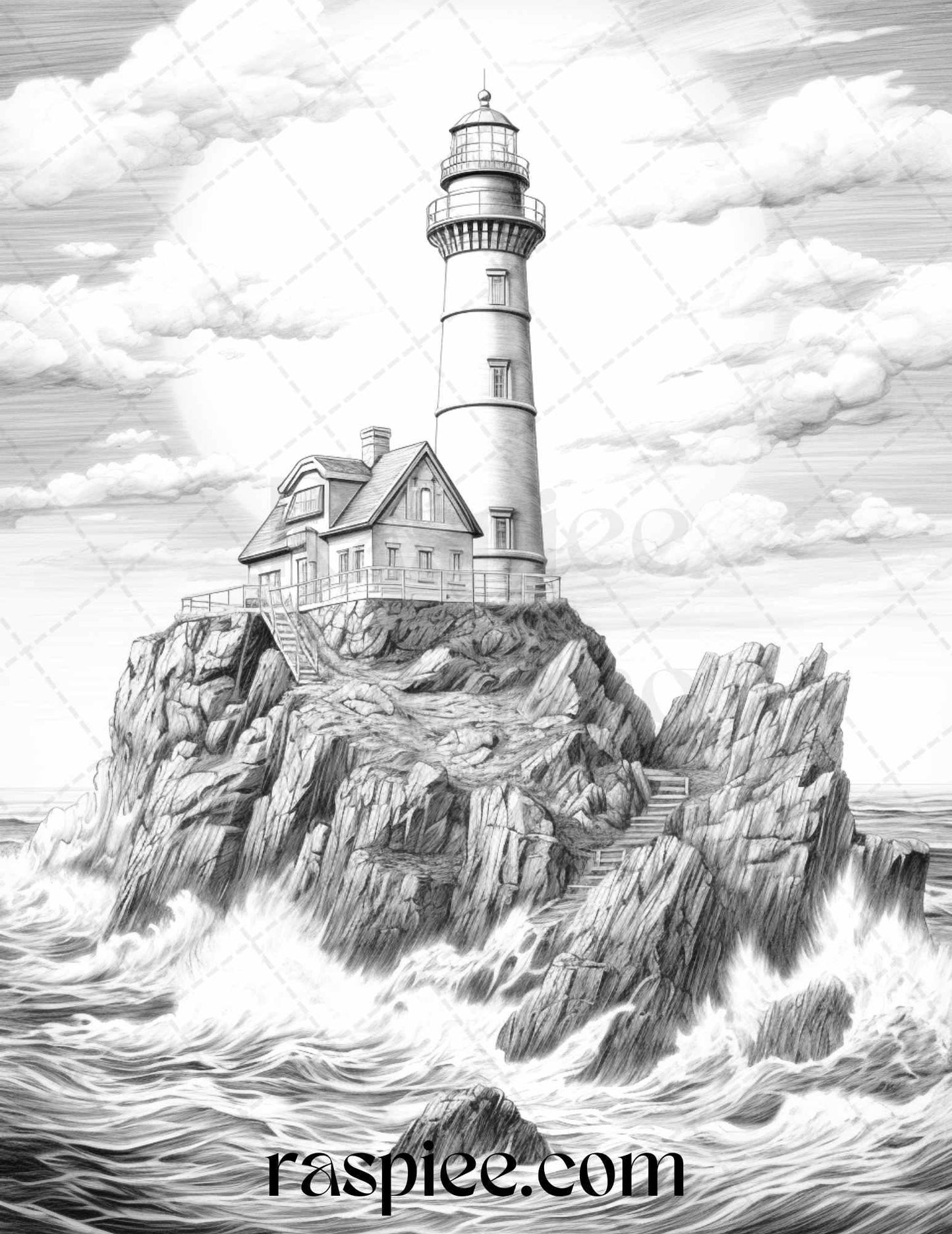 40 Majestic Lighthouses Grayscale Coloring Pages Printable for Adults, PDF File Instant Download