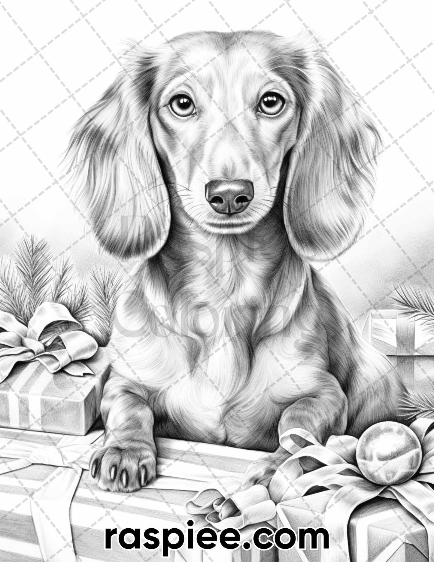 45 Christmas Dogs Grayscale Coloring Pages for Adults, Printable PDF Instant Download