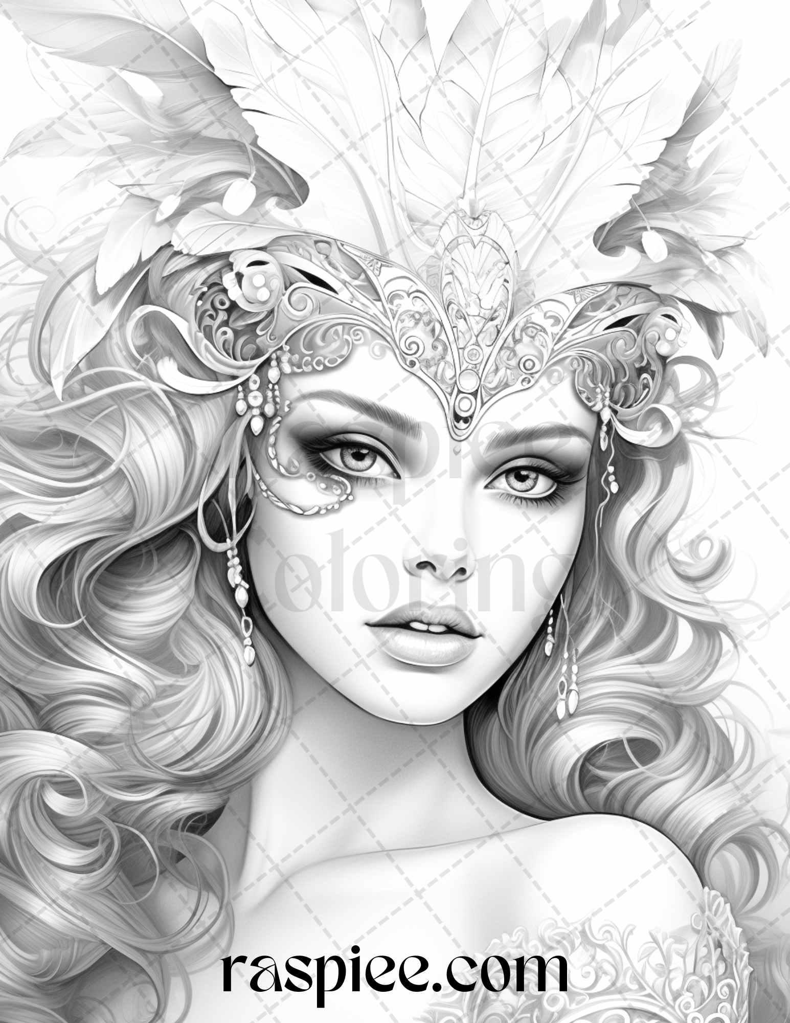 40 Masquerade Girls Grayscale Coloring Pages Printable for Adults, PDF File Instant Download