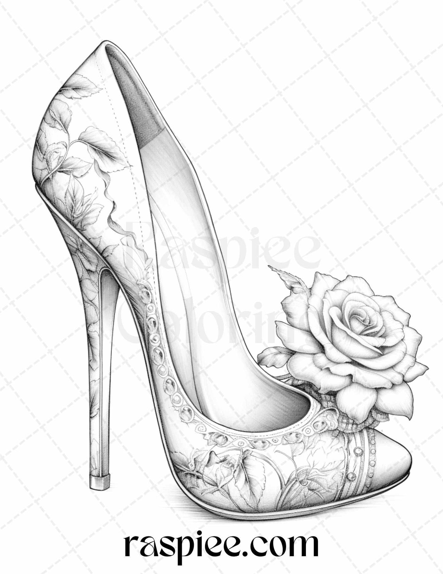 40 Flower Wedding Shoes Grayscale Coloring Pages Printable for Adults, PDF File Instant Download