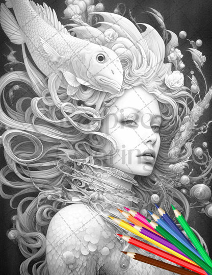 40 Enchanted Mermaid Grayscale Coloring Pages Printable for Adults, PDF File Instant Download