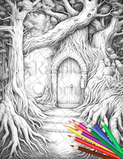 40 Magical Forest Gates Grayscale Coloring Pages Printable for Adults, PDF File Instant Download