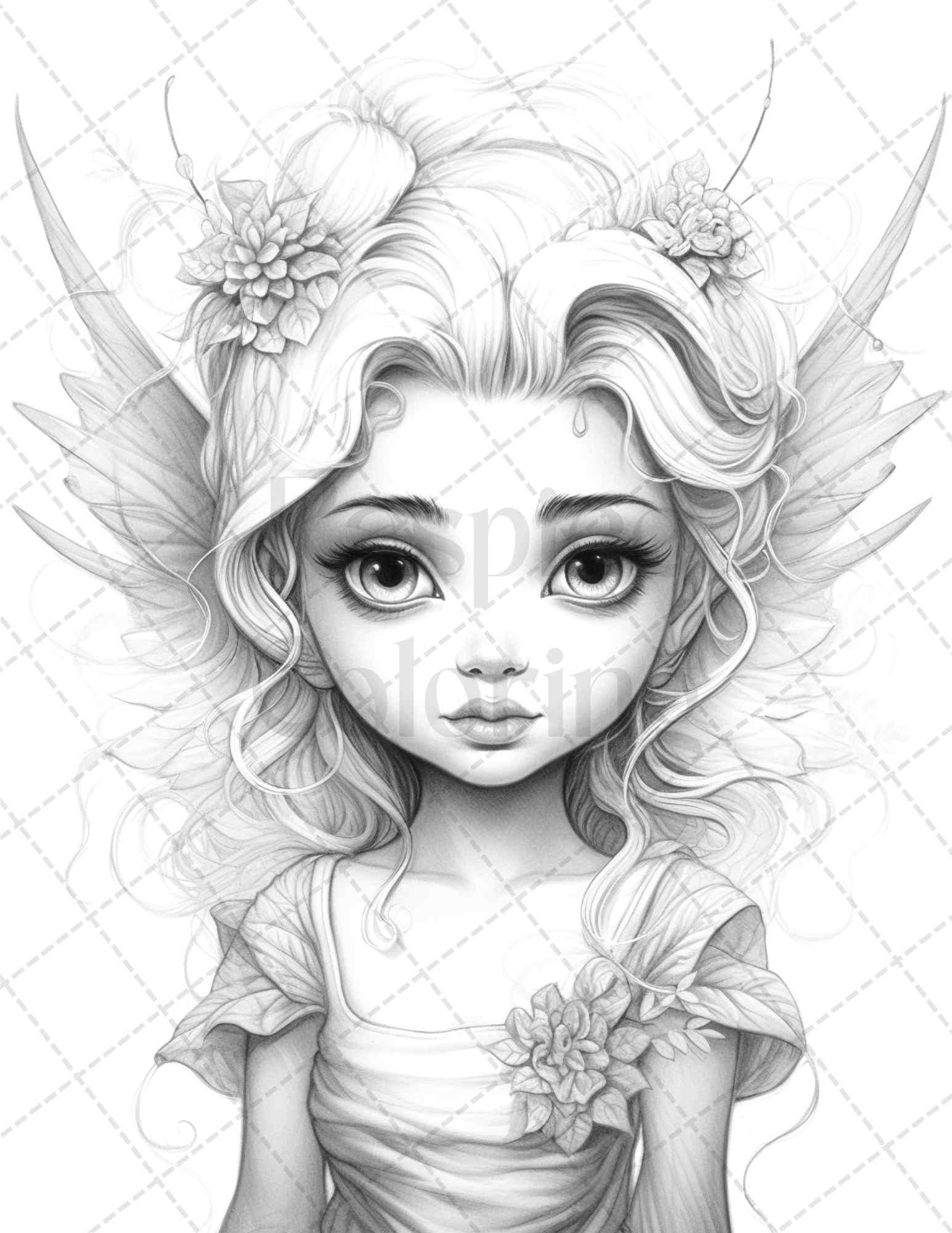 45 Adorable Chibi Fairy Grayscale Coloring Pages Printable for Adults, PDF File Instant Download