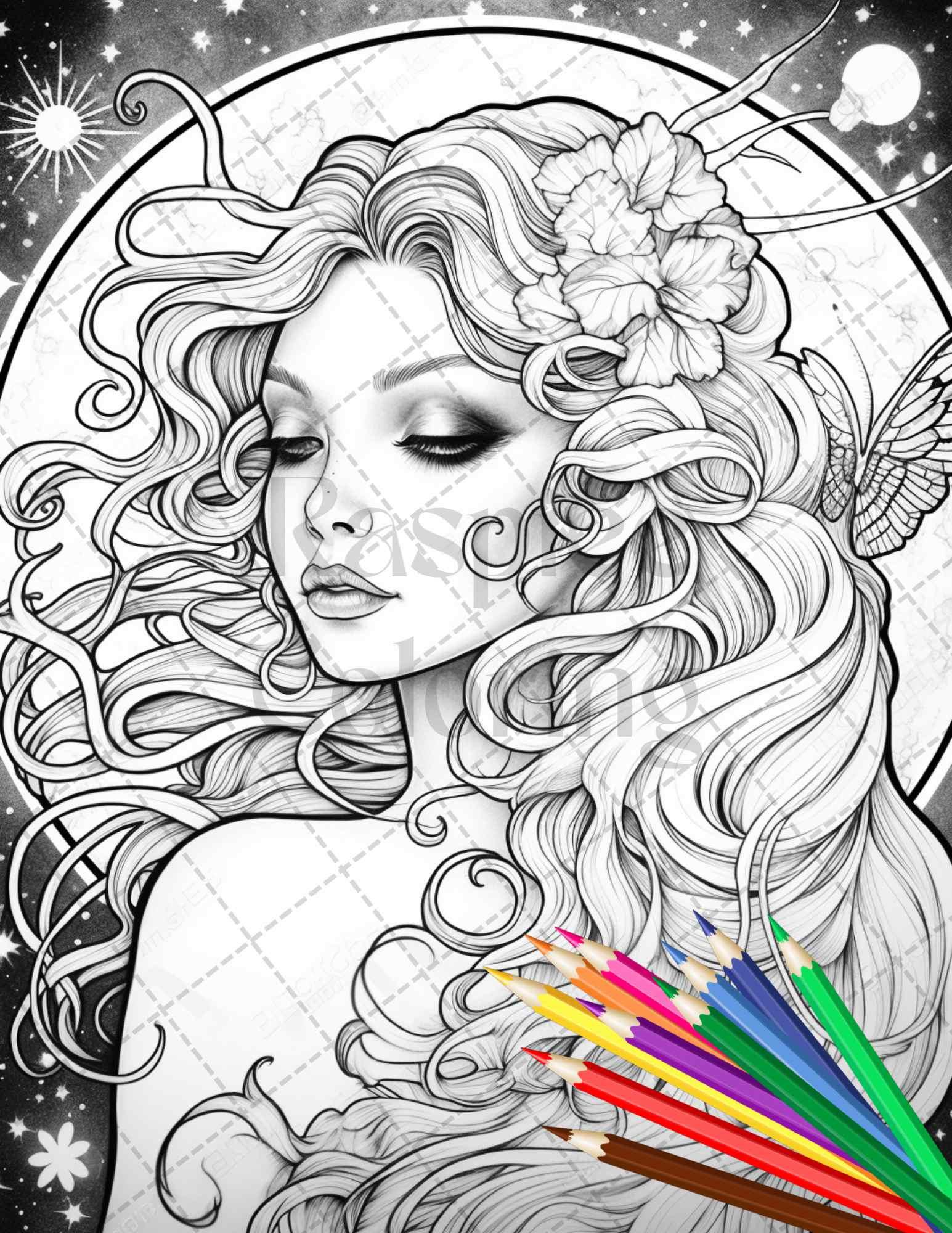 34 Beautiful Moon Fairies Grayscale Coloring Pages Printable for Adults, PDF File Instant Download