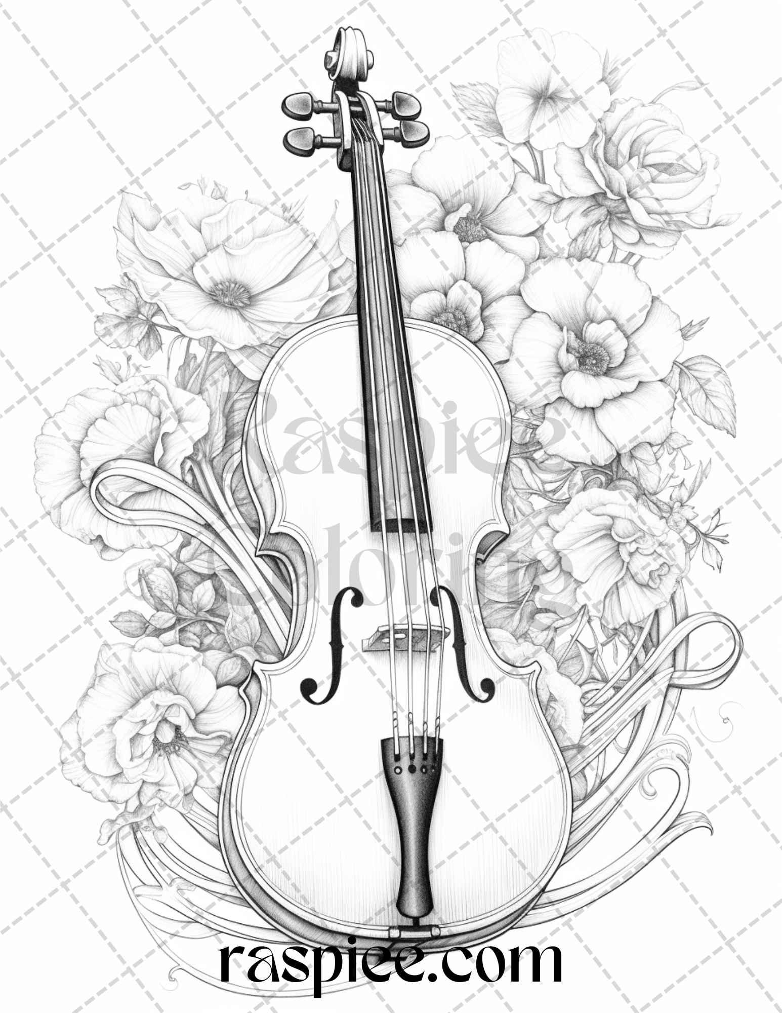 30 Musical Instrument Flower Grayscale Coloring Pages Printable for Adults, PDF File Instant Download