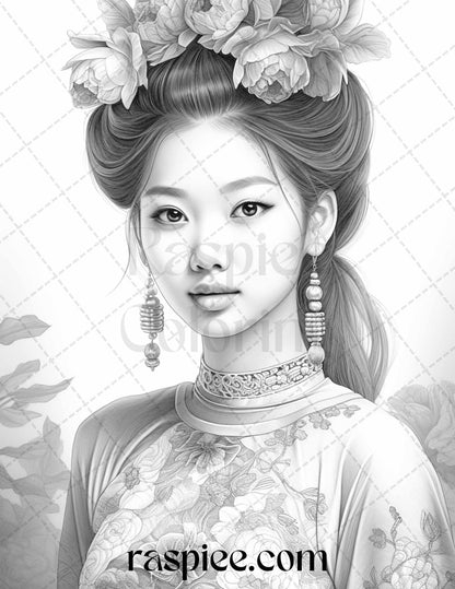 40 Beautiful Chinese Girls Grayscale Coloring Pages for Adults, Printable PDF File Instant Download