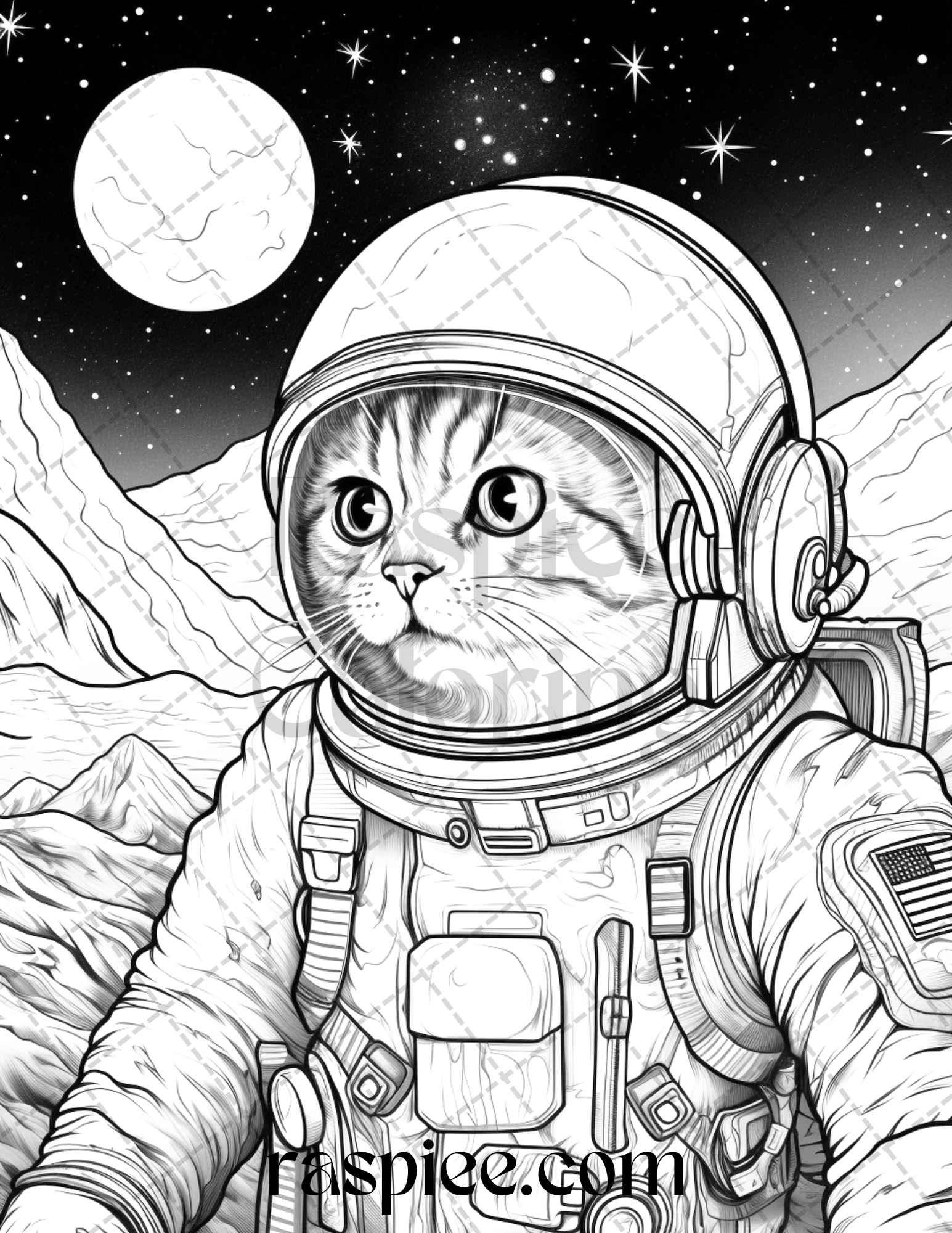 40 Cat Astronaut Grayscale Coloring Pages Printable for Adults Kids, PDF File Instant Download