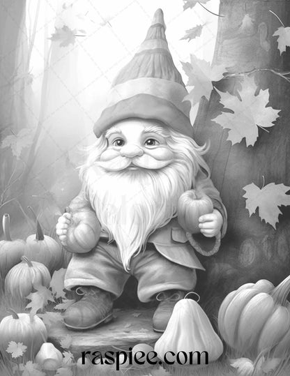 40 Fall Gnomes Grayscale Coloring Pages Printable for Adults Kids, PDF File Instant Download