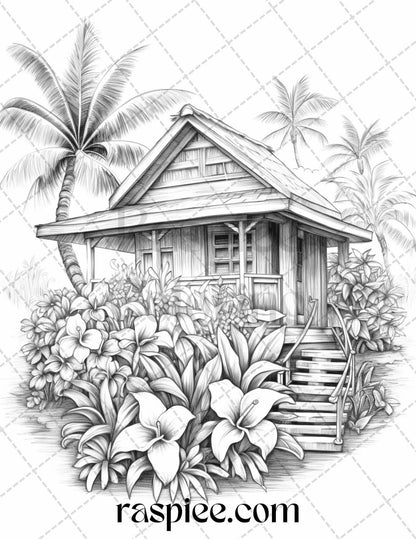 40 Hawaii Tiki Houses Grayscale Coloring Pages Printable for Adults, PDF File Instant Download