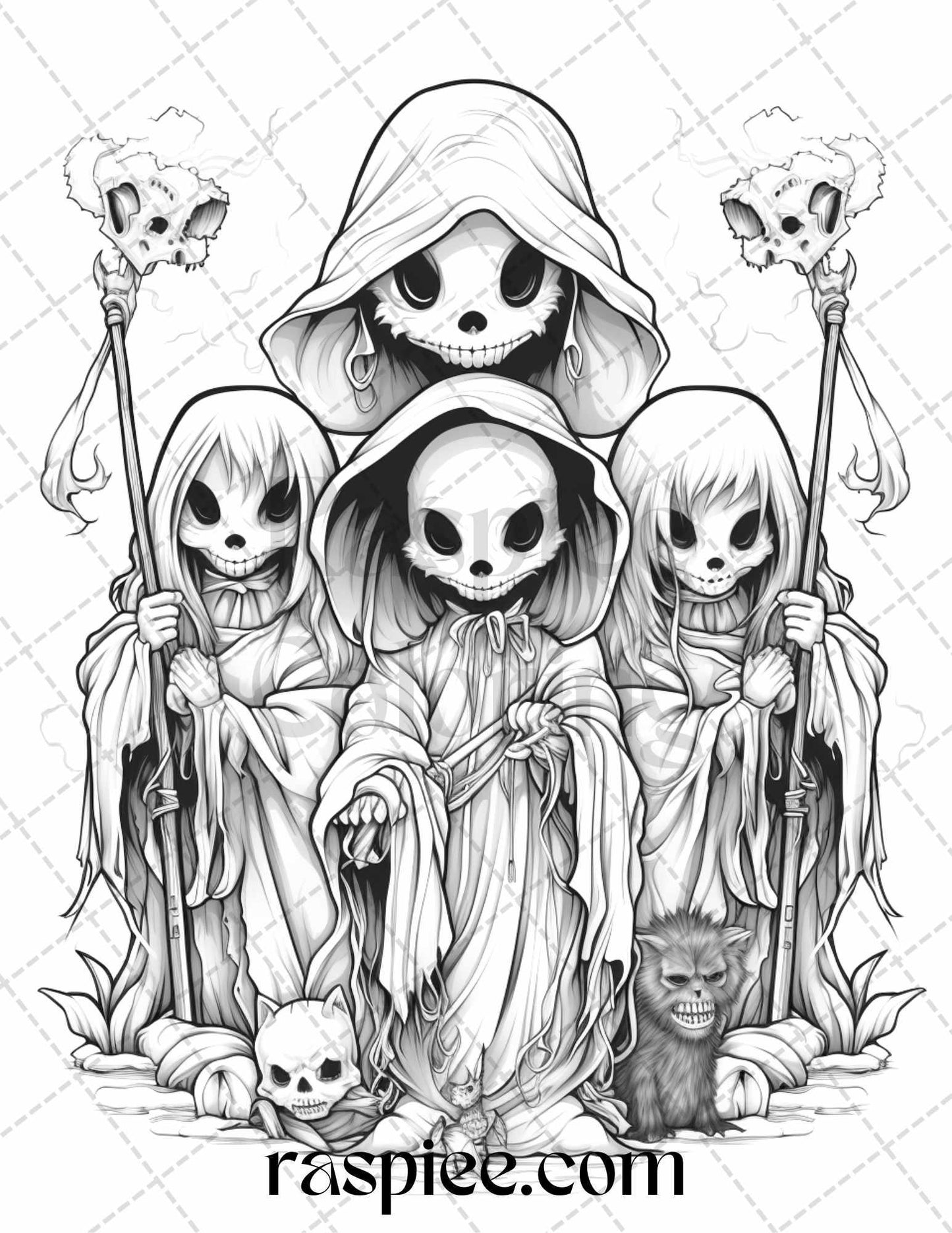 40 Halloween Creepy Kawaii Grayscale Coloring Pages for Adults and Kids, Printable PDF File Instant Download